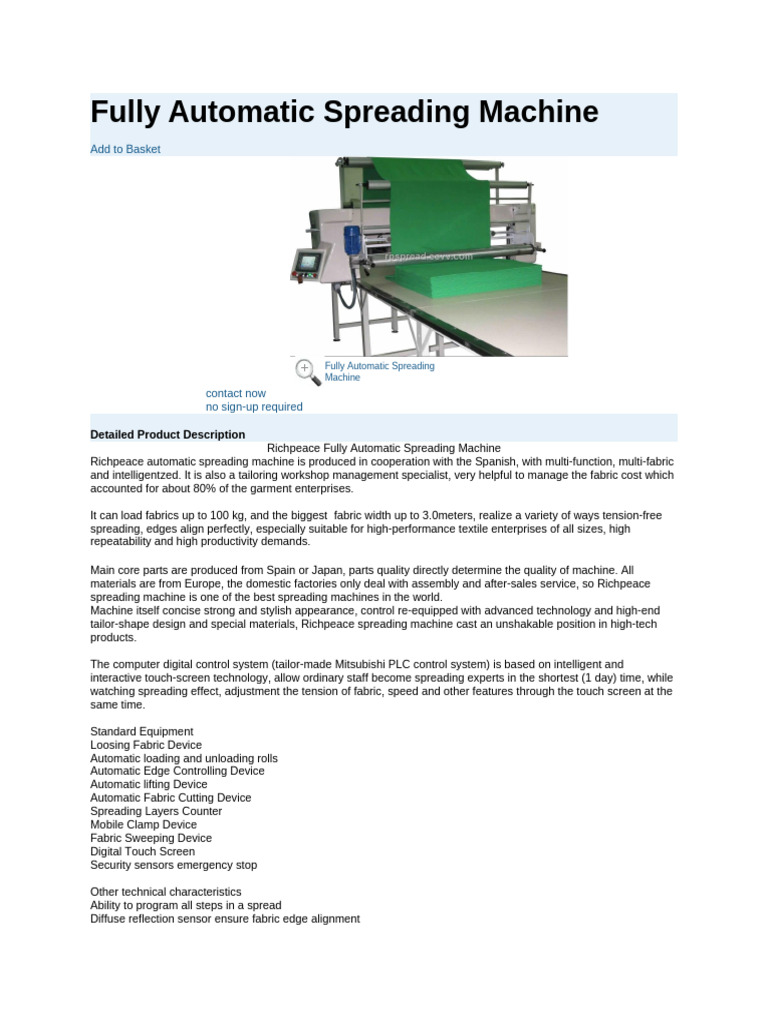 Fully Automatic Spreading Machine | PDF | Textiles | Machines