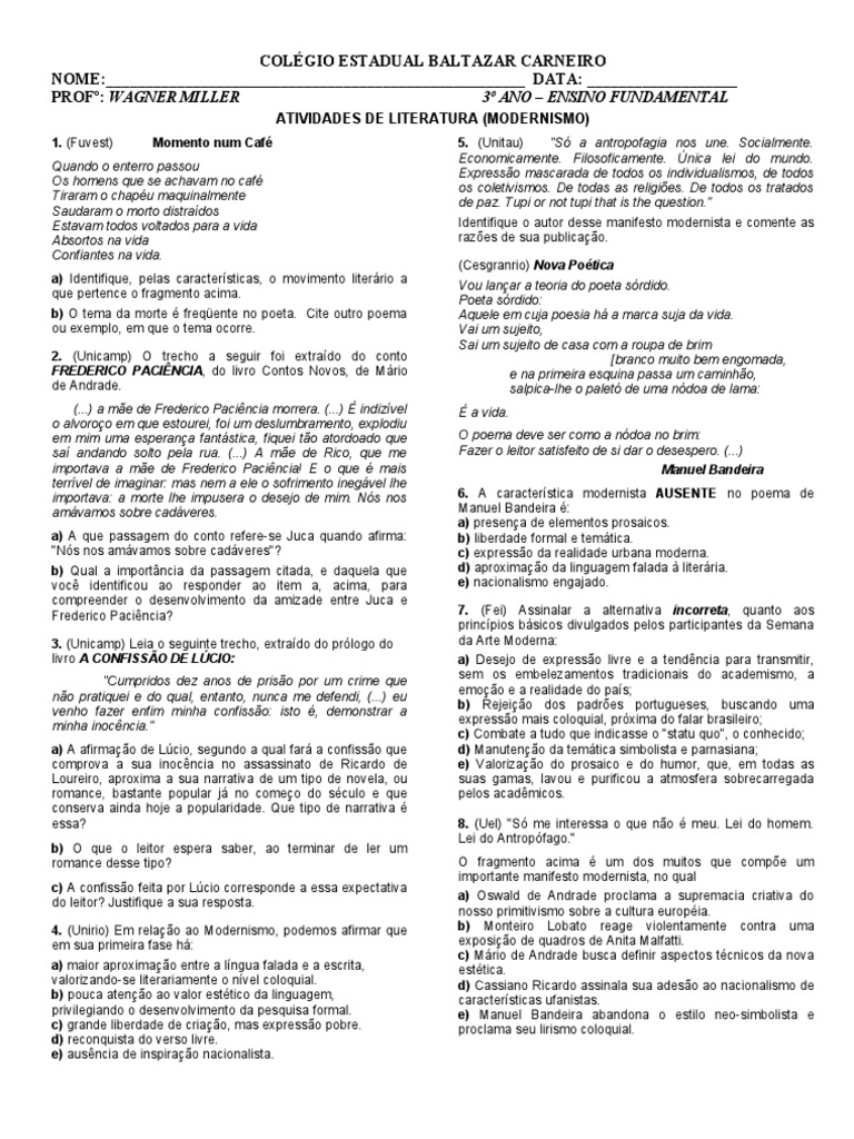 Exercicios Modernismo 3 Fase Com Gabarito Pdf