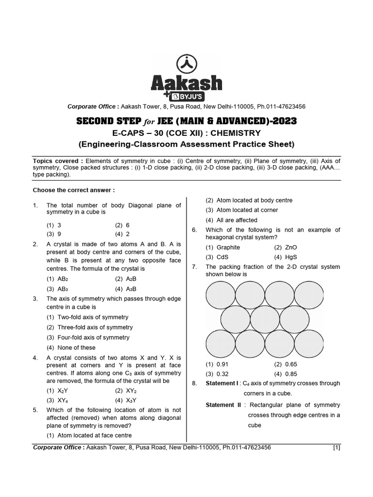 JEE Chemistry Practice: Symmetry & Packing | PDF | Crystal | Chess