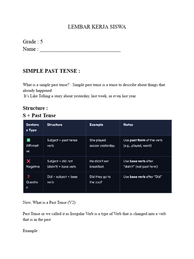 Simple Past Tense Worksheet for Grade 5 | PDF