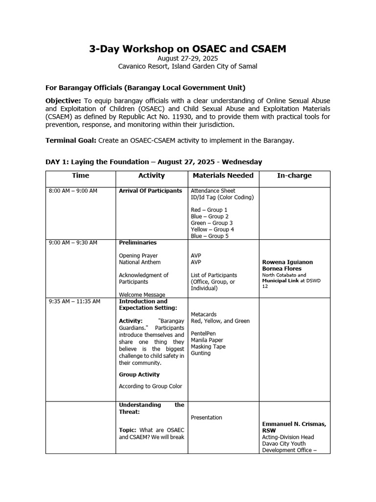 OSAEC-CSAEM Workshop for Barangay Officials | PDF