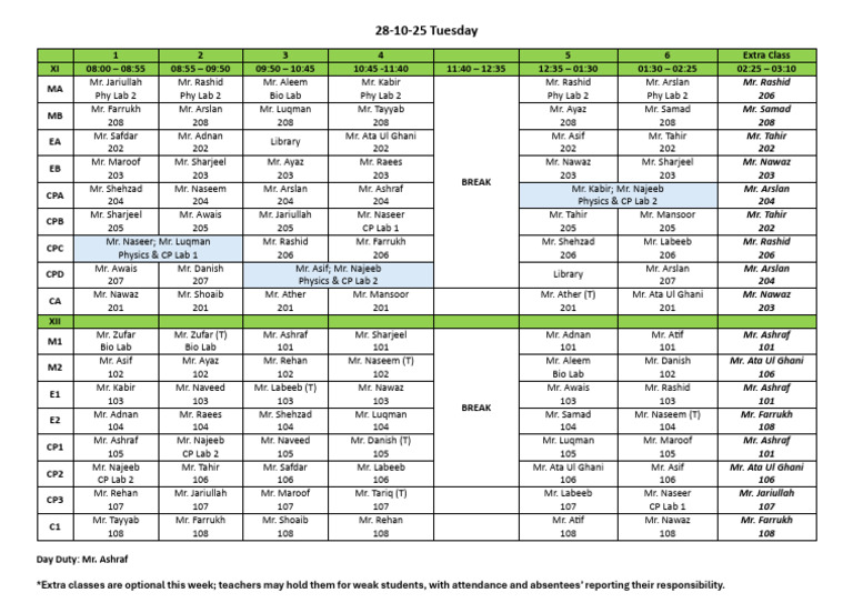 Extra Class Schedule for XI and XII | PDF