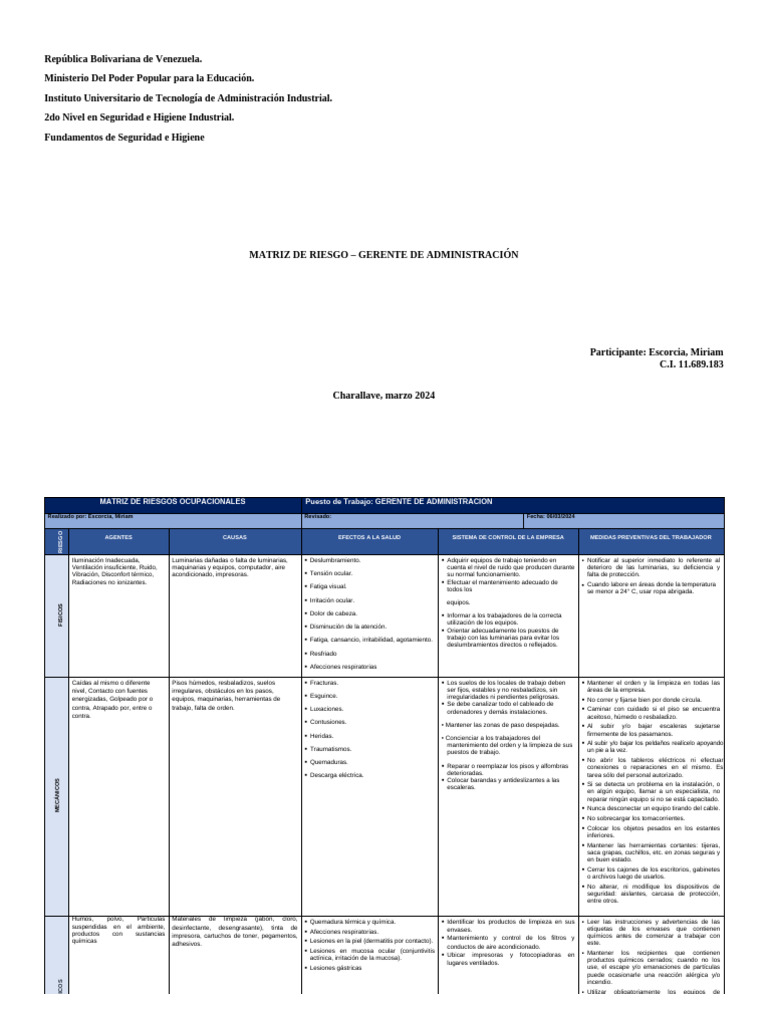 Matriz de Riesgos para Gerente de Administración | PDF