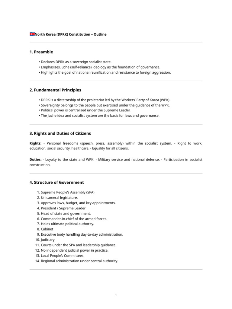 DPRK Constitution Outline | PDF | North Korea | World Politics