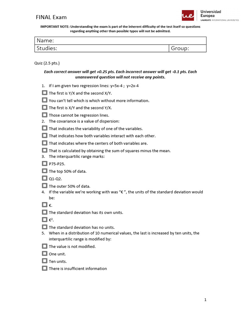 Final Exam on Statistics Concepts | PDF | Standard Deviation | Variance