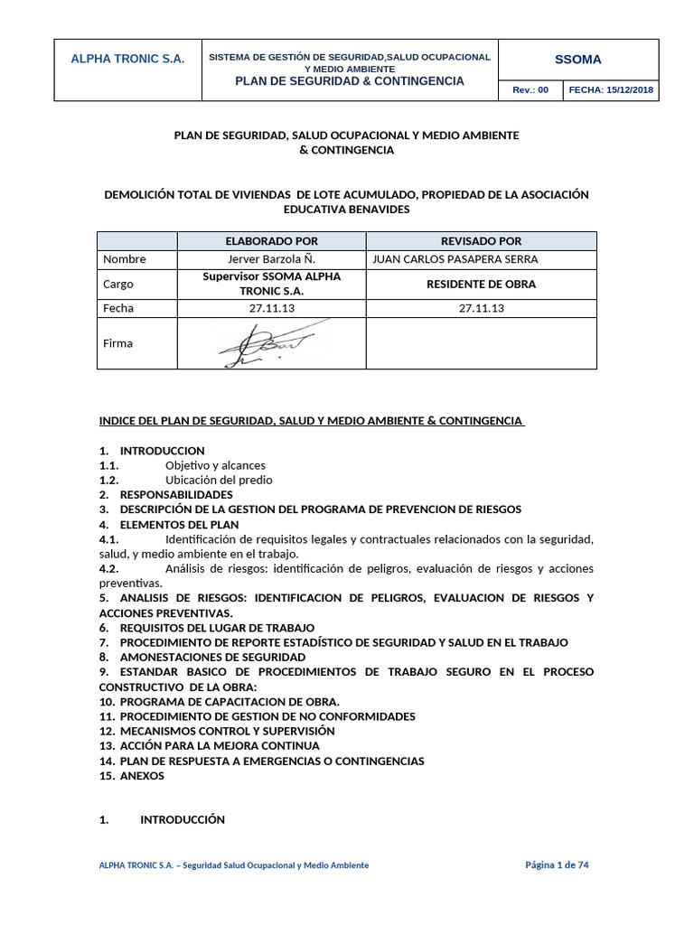 Plan de Seguridad y Contingencia | PDF | Seguridad y salud ocupacional ...