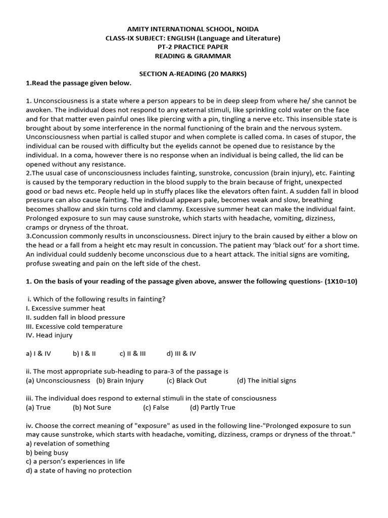 English Practice Paper for Class IX | PDF | Coma | Concussion