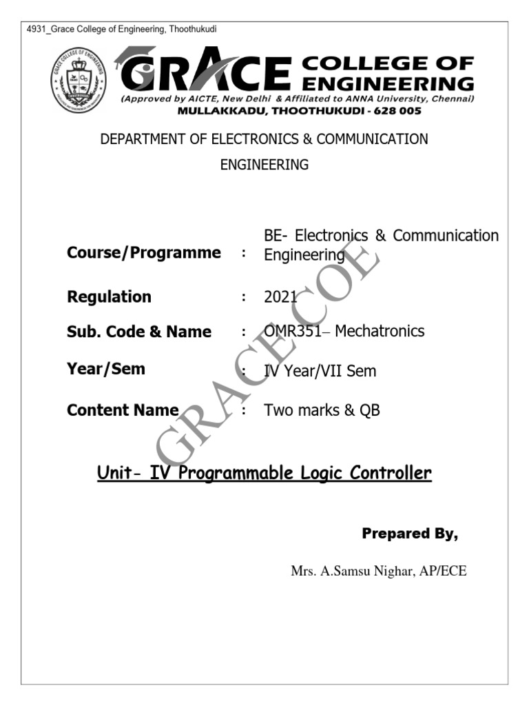 VII - Sem - OMR351 - Mechatronics - QB - Unit 4 | PDF | Programmable ...