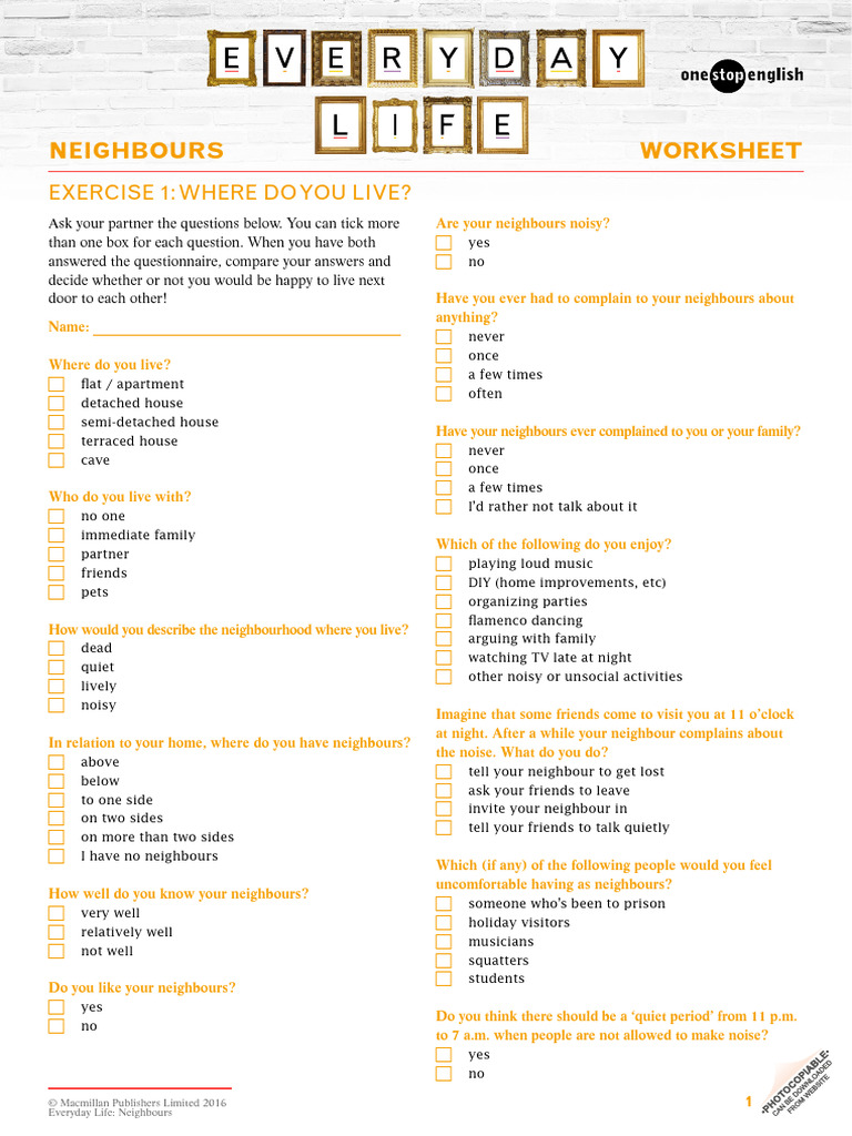Neighbourhood Living Questionnaire Worksheet | PDF