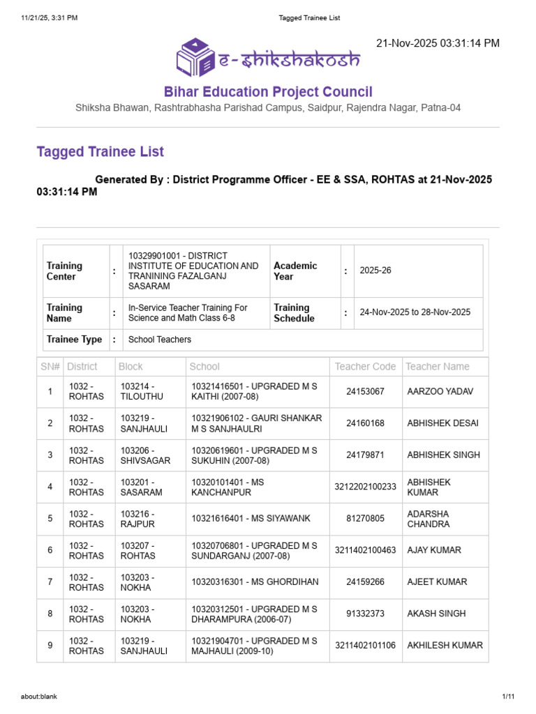 Bihar In-Service Teacher Training List | PDF