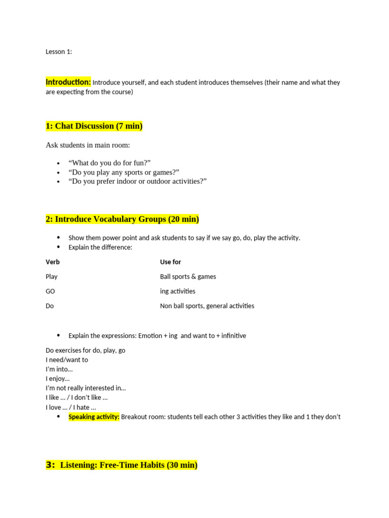 Free Time Activities and Vocabulary Lesson | PDF