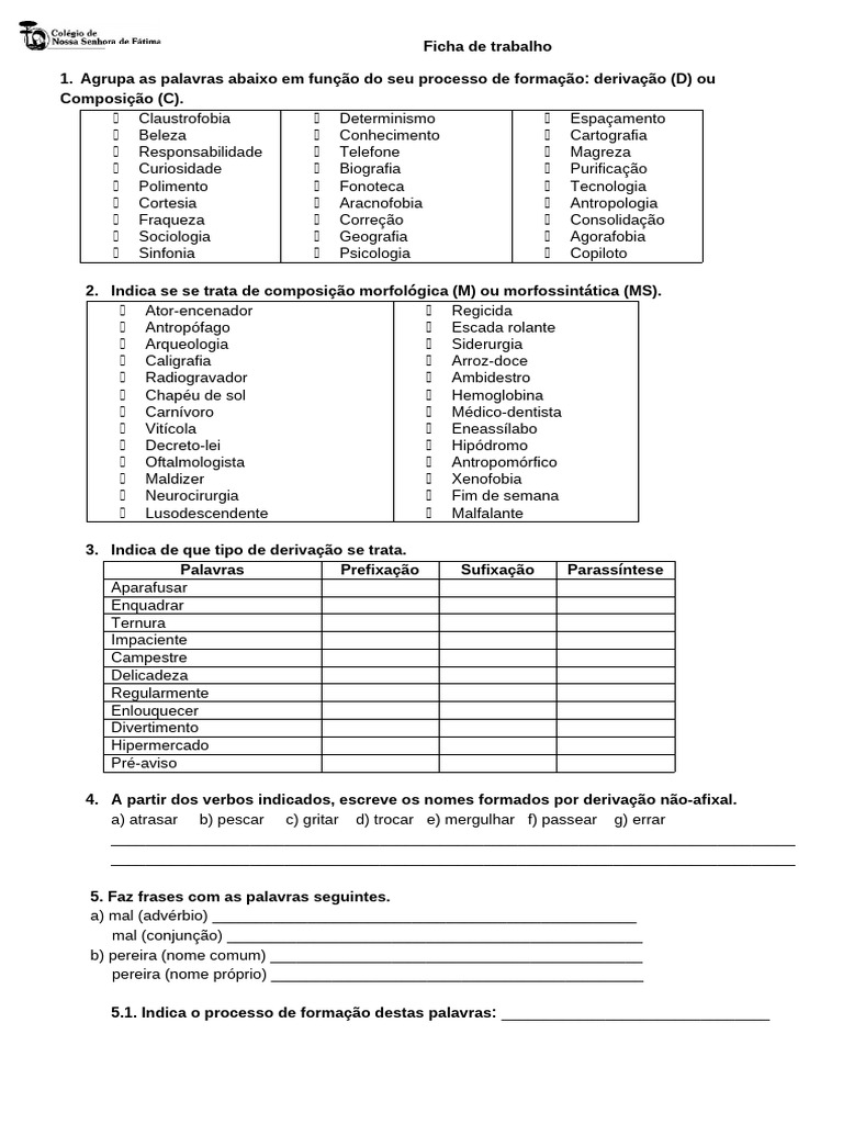 Classificação de Palavras e Derivações | PDF | Sintaxe | Morfologia ...
