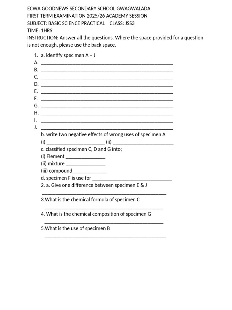 Basic Science Jss3 Practical | PDF