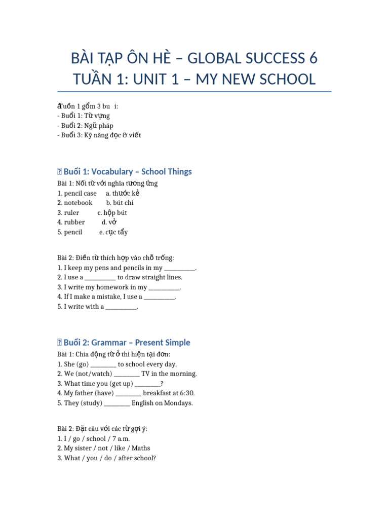 Bai Tap Tuan 1 Global Success 6 Co Trac Nghiem | PDF