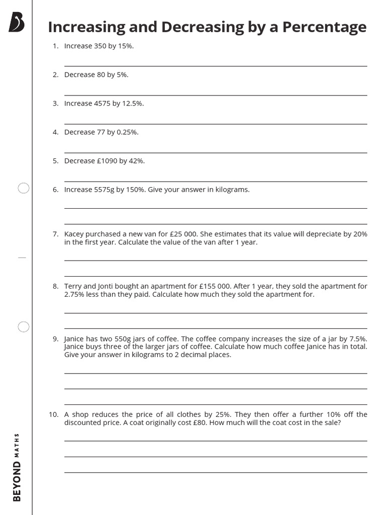 Increasing and Decreasing by A Percentage Worksheet | PDF