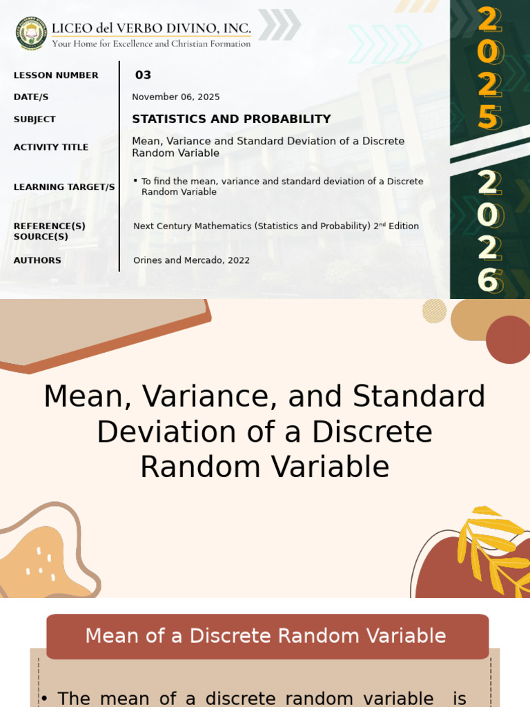 Mean, Variance & SD of Discrete Variables | PDF | Variance | Standard ...