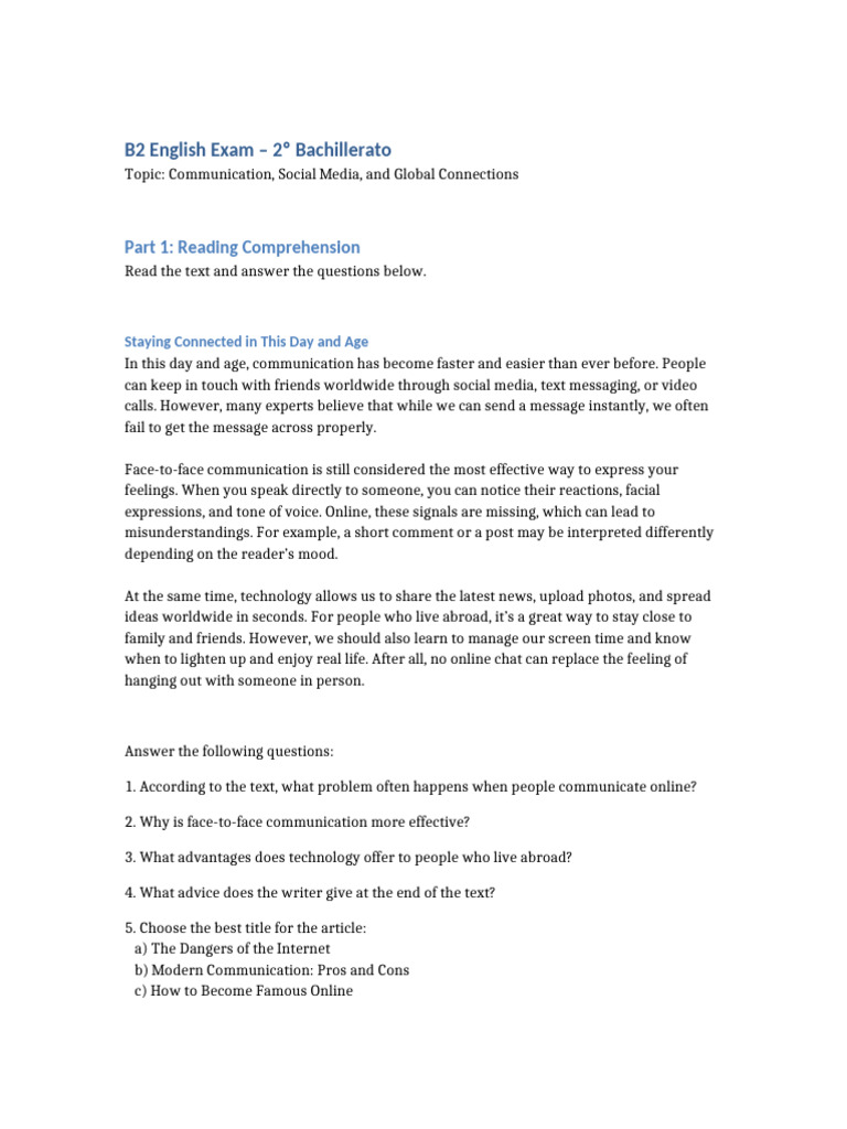 B2 English Exam: Communication Skills | PDF | Communication | Human ...