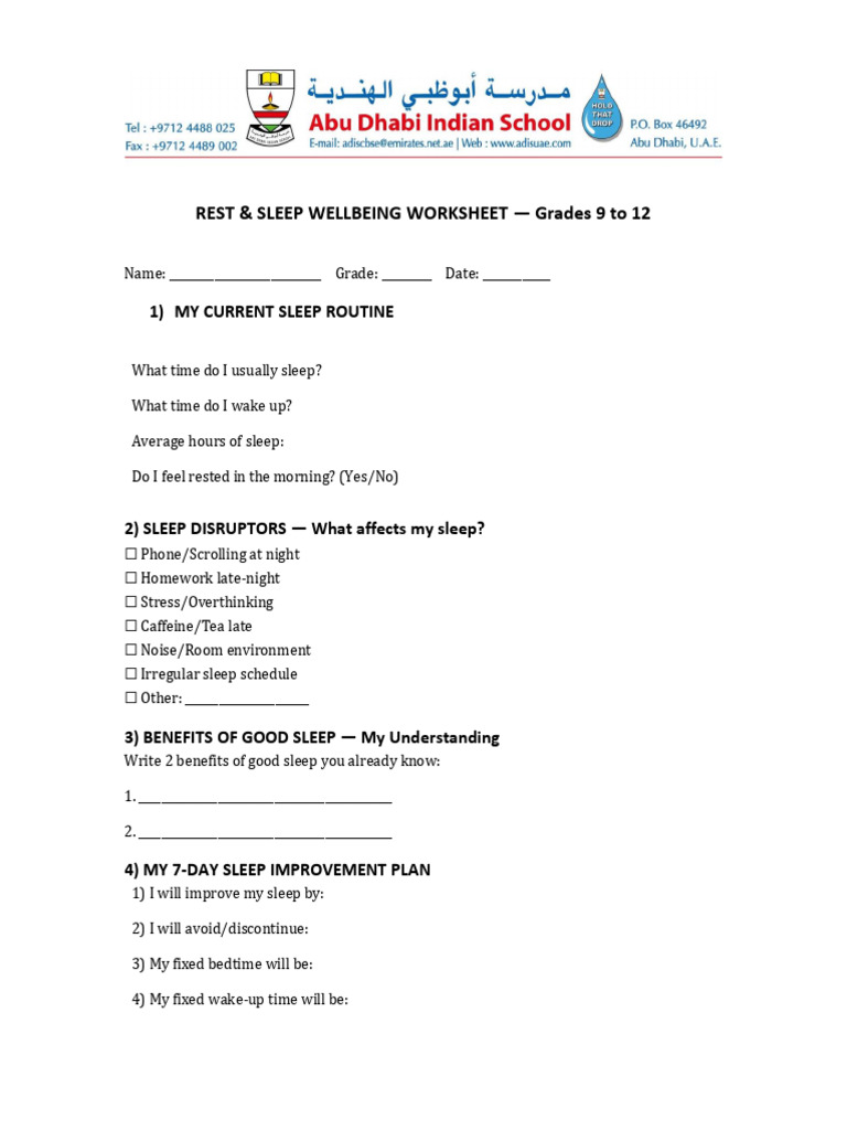 Sleep Wellbeing Worksheet for Teens | PDF