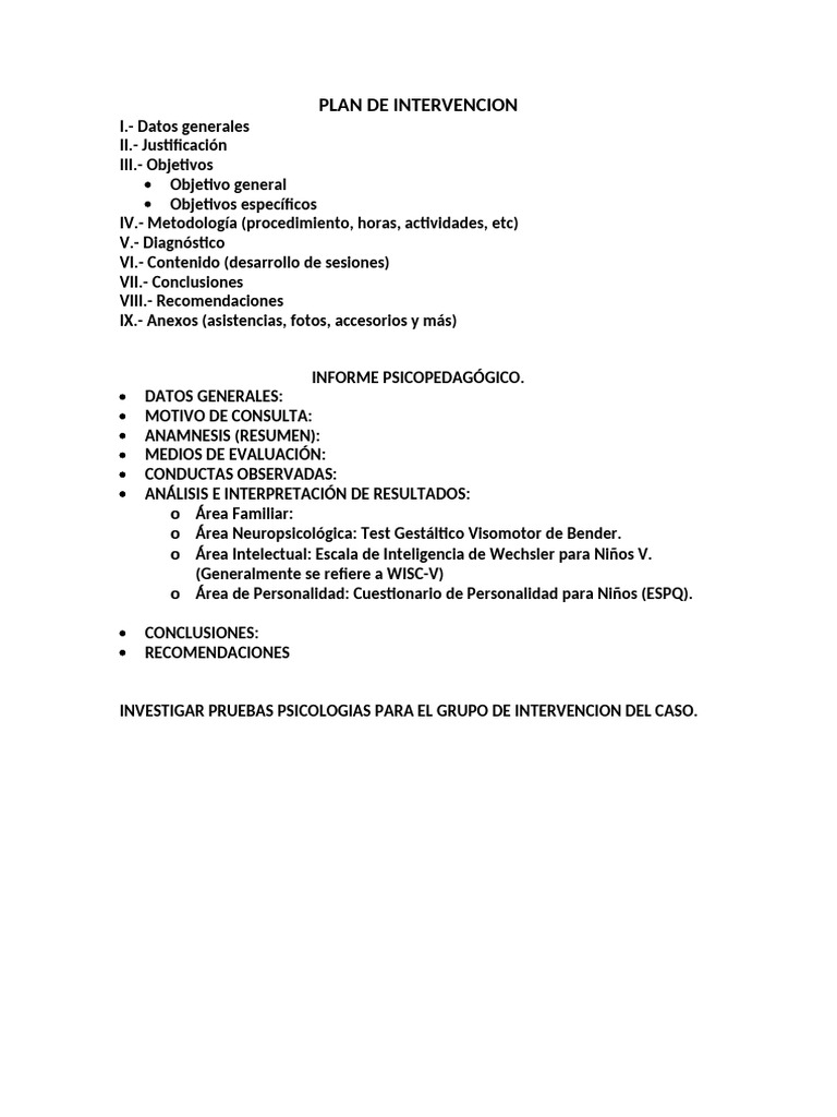Plan de Intervencion | PDF
