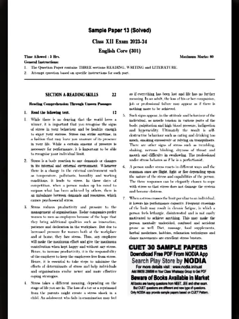 Class XII English Core Sample Paper | PDF