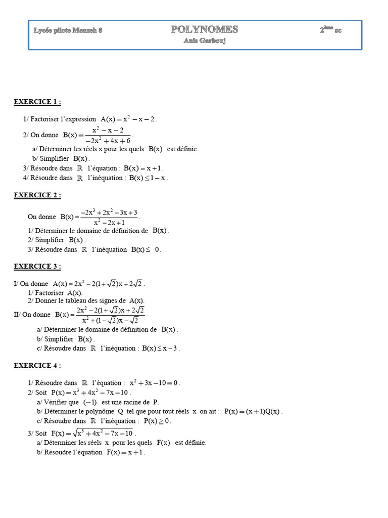 Exercices de mathématiques sur les polynômes | PDF | Zéro d'une ...