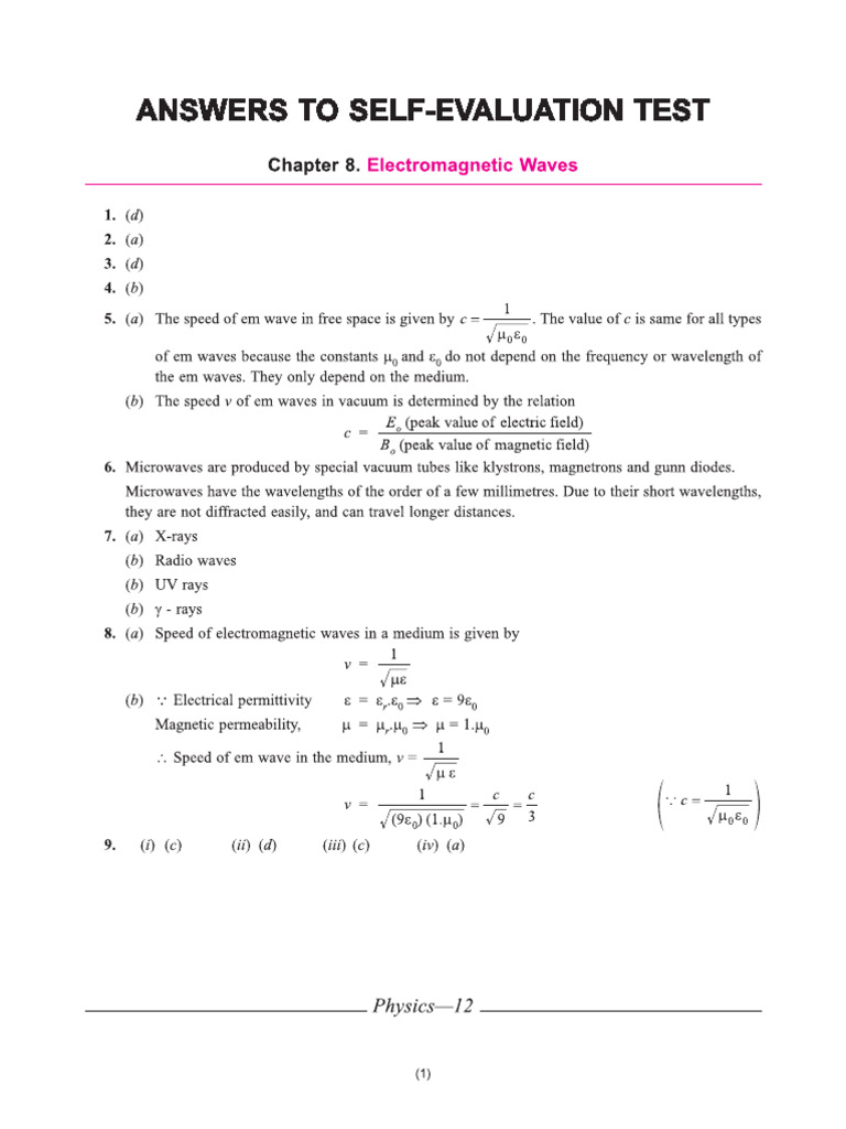 Cbse Cl12 Together With Physics Answers To Self-Evaluation Test CH 8 | PDF