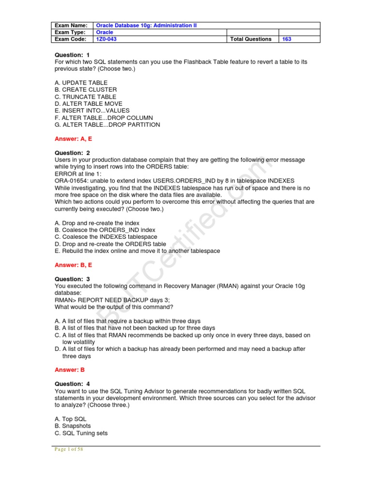 Be It Certified Oracle 1z0 043 Free Questions Dumps Database Index Oracle Database