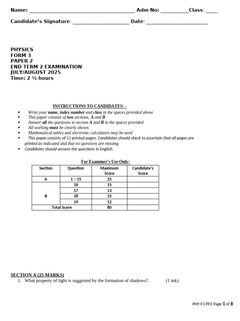 Form 3 Physics End Term Exam Paper 2 | PDF | Refraction | Mirror