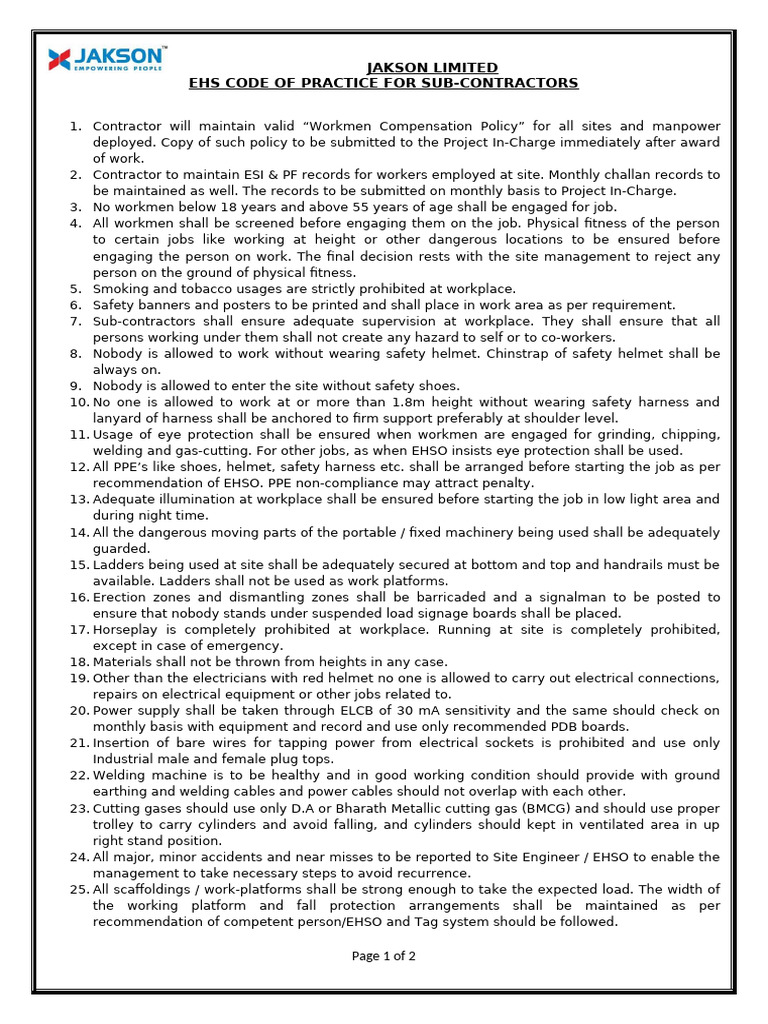 EHS Code of Practice for Sub-Contractors | PDF | Welding | Construction