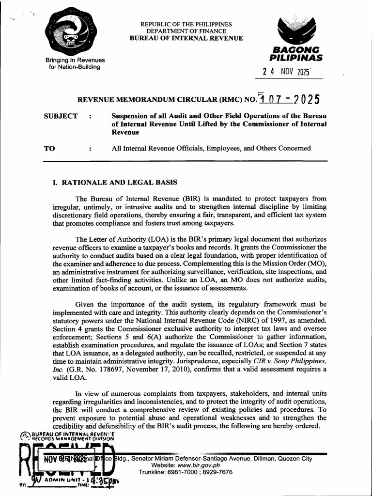 RMC 107-2025 Suspension of All Audit and Other Field Operations of The ...