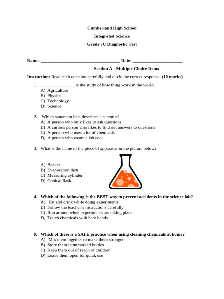 7C Integrated Science Diagnostic Test | PDF | Water | Chemical Reactions