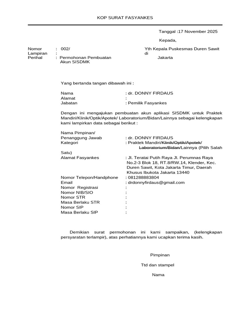 Permohonan Akun SISDMK Fasyankes Jakarta | PDF