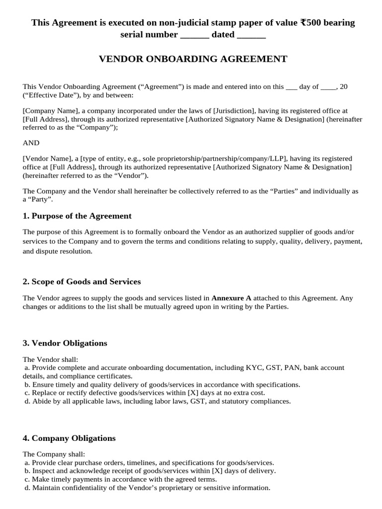 Vendor Onboarding Agreement Template | PDF | Indemnity | Private Law