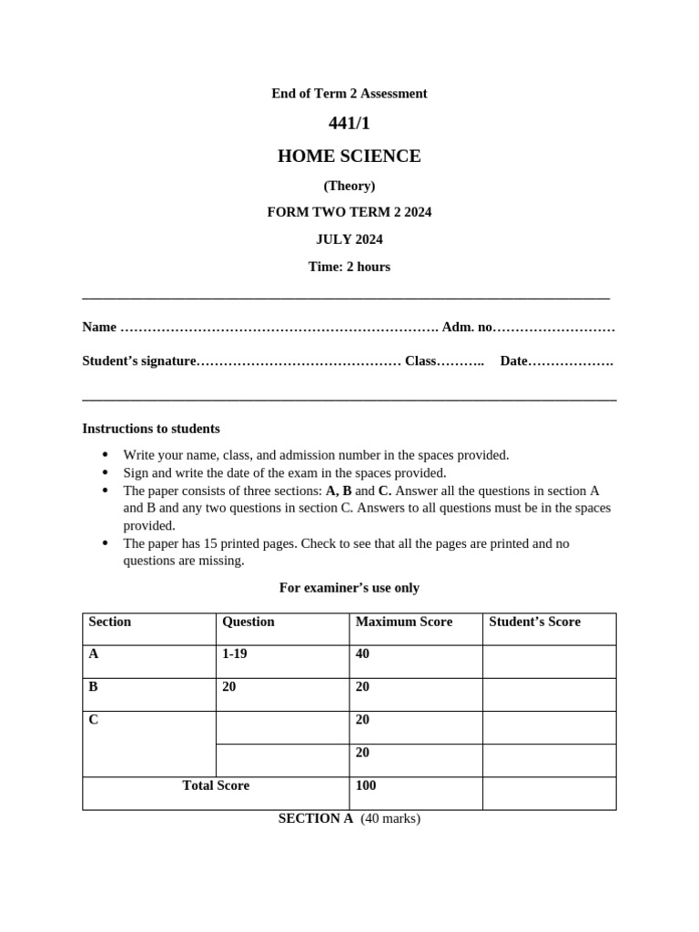 Home Science Term 2 Assessment 2024 | PDF | Textile Arts | Clothing