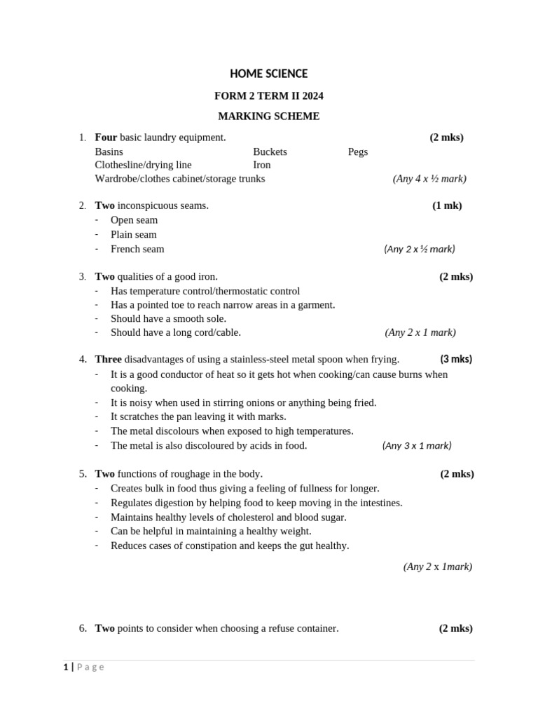 Home Science Marking Scheme 2024 | PDF | Seam (Sewing) | Laundry