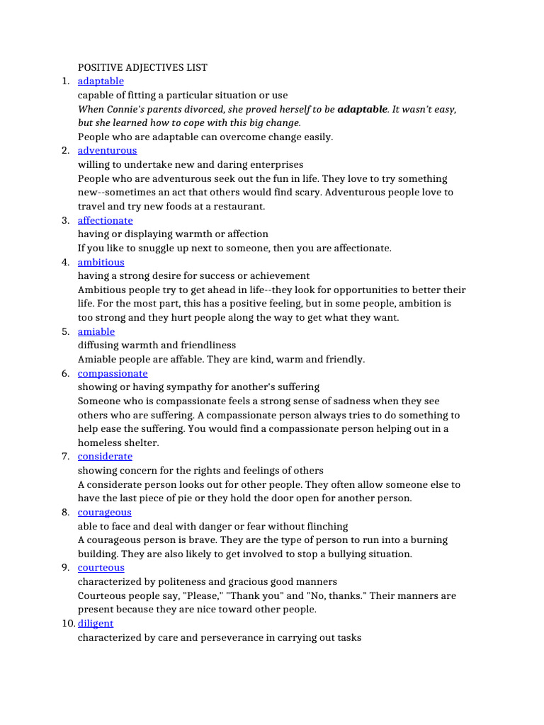 Positive Adjectives List | PDF | Rationality | Feeling