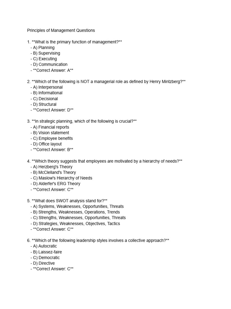 Management Principles and Leadership Quiz | PDF | Leadership | Motivational