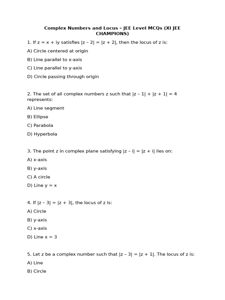 JEE MCQs on Complex Numbers Locus | PDF | Perpendicular | Euclid
