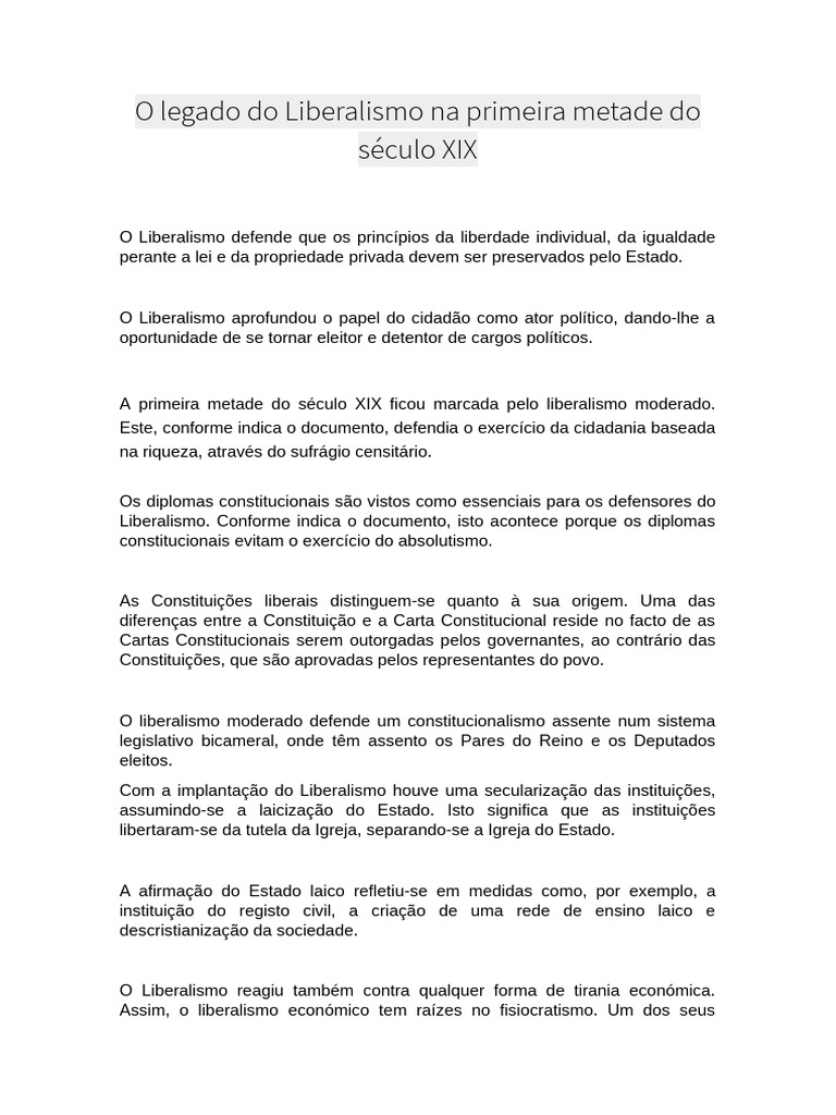 O Legado Do Liberalismo Na Primeira Metade Do Século XIX | PDF
