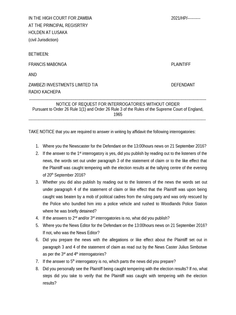 Interrogatories Request in Mabonga Case | PDF | Interrogatories | Legal ...