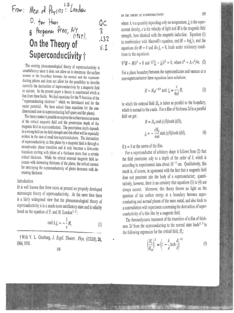 Landau and Ginzburg On The Theory of Superconductivity J Exptl Theoret ...