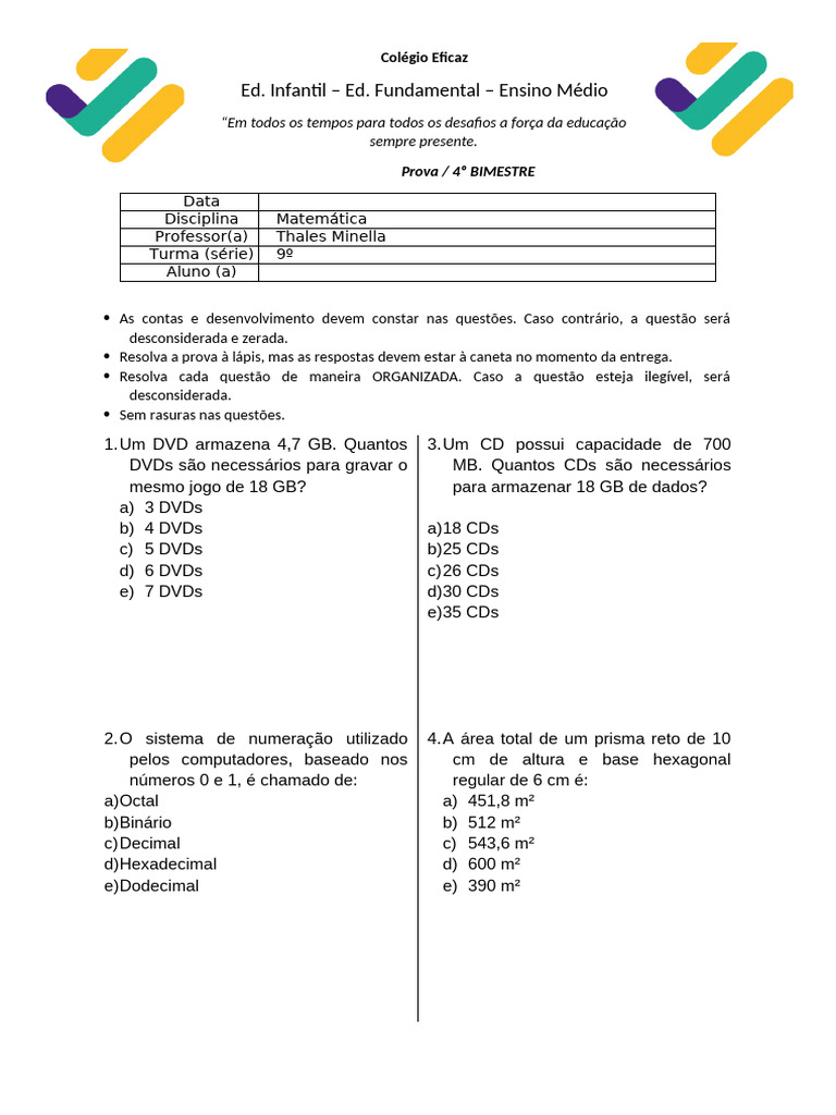 Prova de Matemática 9º Ano - 4º Bimestre | PDF | DVD | Disco compacto (CD)