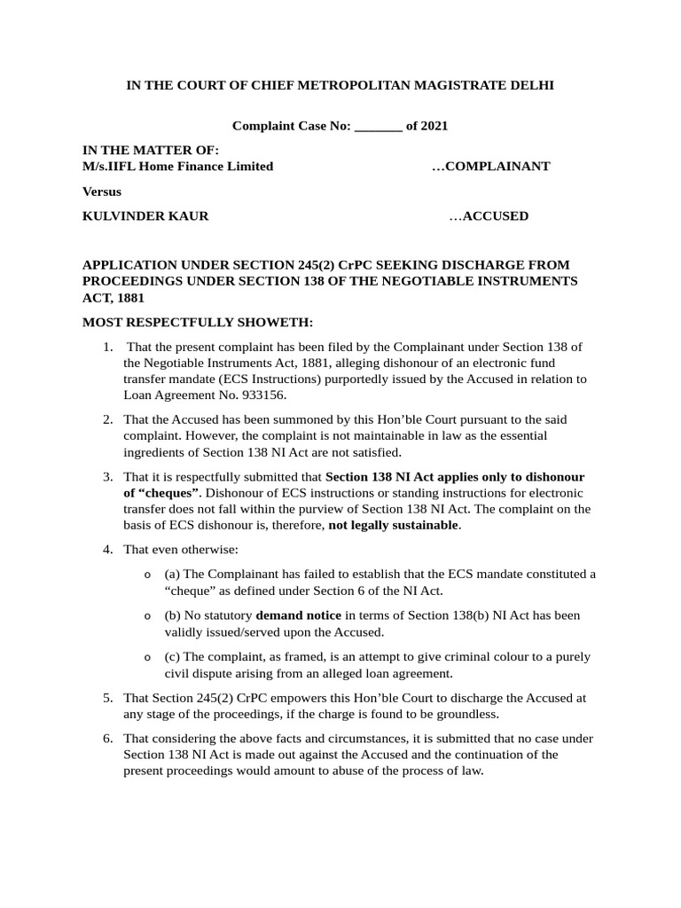 Discharge Application in NI Act Case | PDF | Complaint | Government