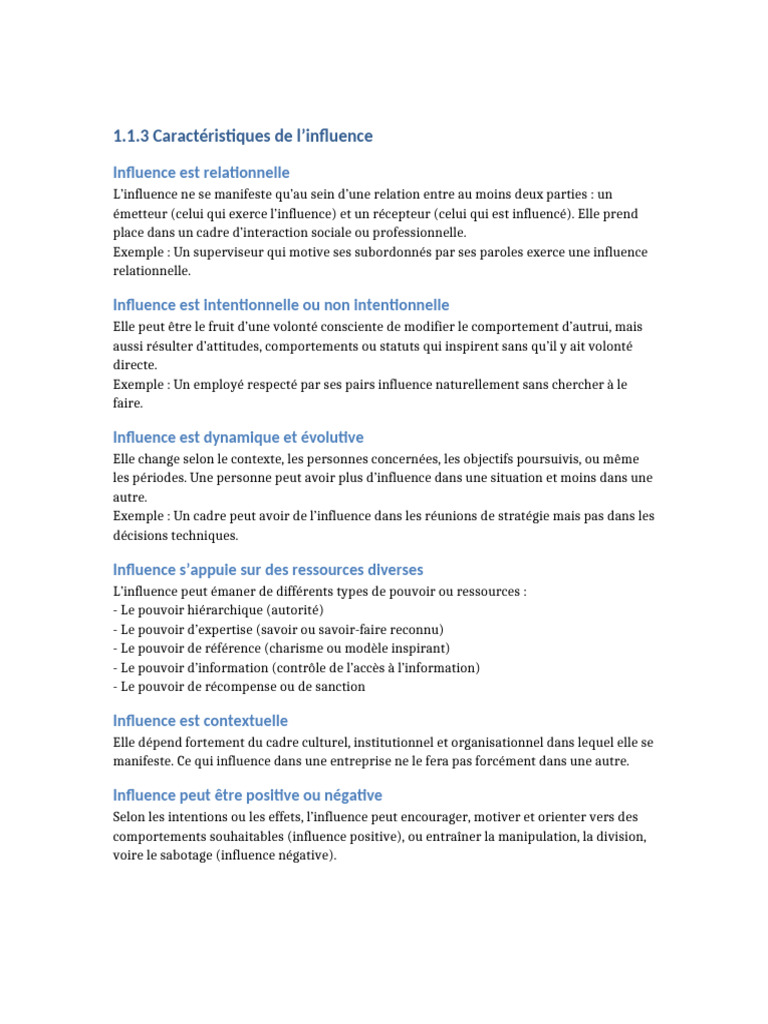 Caractéristiques de l'influence relationnelle | PDF | Direction ...