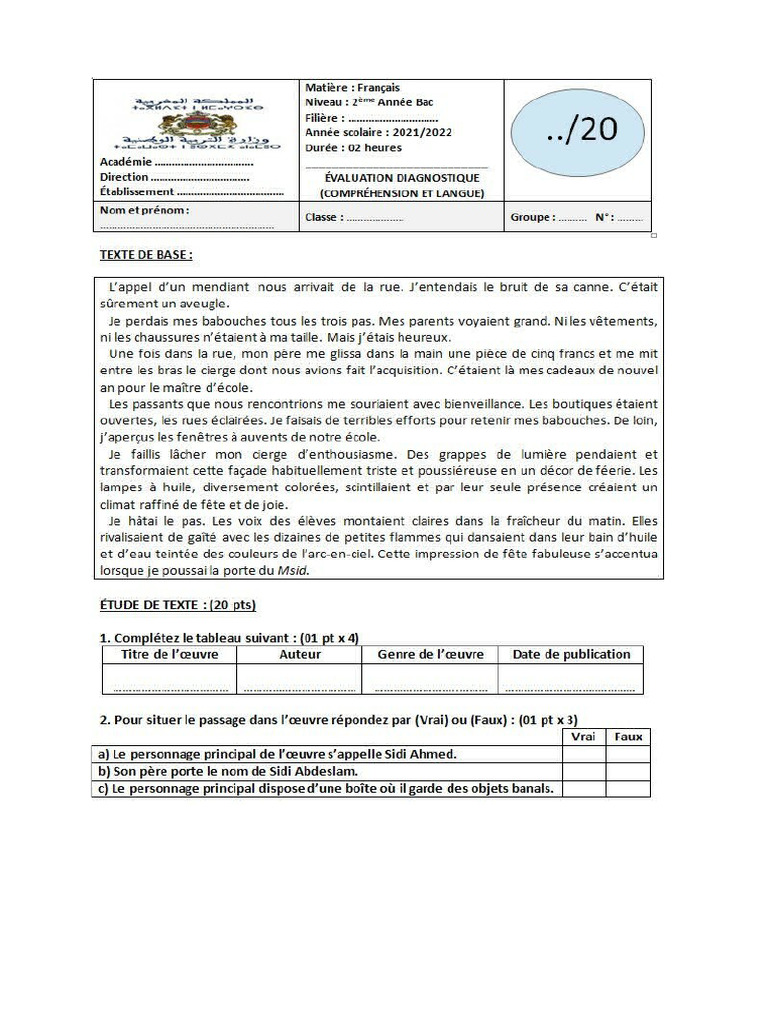 Evaluation Diagnostique 2ème Bac | PDF