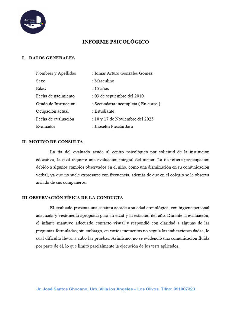 Informe psicológico de Iomar Gonzales | PDF | Las emociones | Autoestima