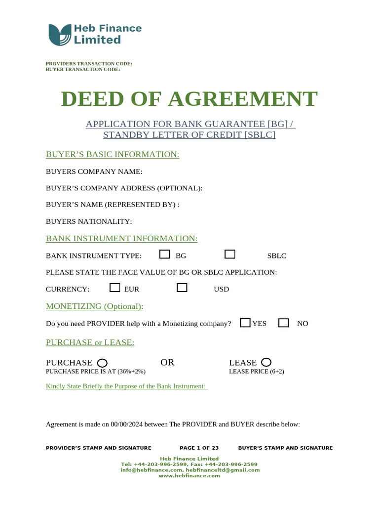 Bank Guarantee and SBLC Agreement Form | PDF | Letter Of Credit | Banks
