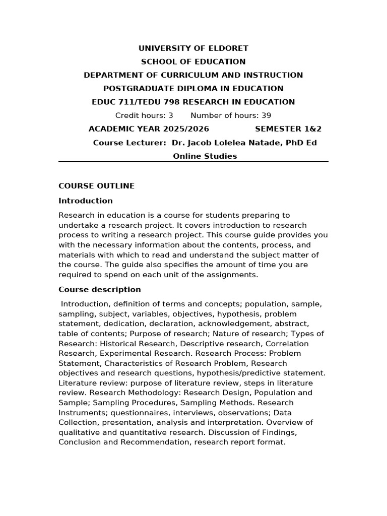 Research in Education Course Outline | PDF | Methodology | Procedural ...