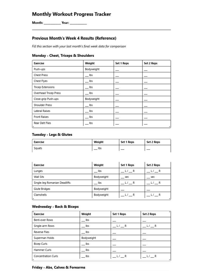 Monthly Workout Progress Tracker | PDF | Strength Training | Physical ...