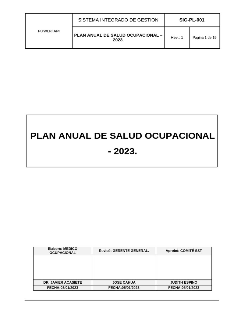 Plan Anual de Salud Ocupacional 2023 | PDF | Seguridad y salud ...